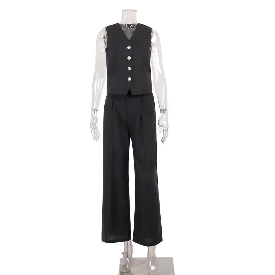 Bộ vest nữ hai mảnh áo vest không tay kèm quần cạp thấp phong cách hiện đại — Kaki, Màu cam, Màu đen chi tiết 5