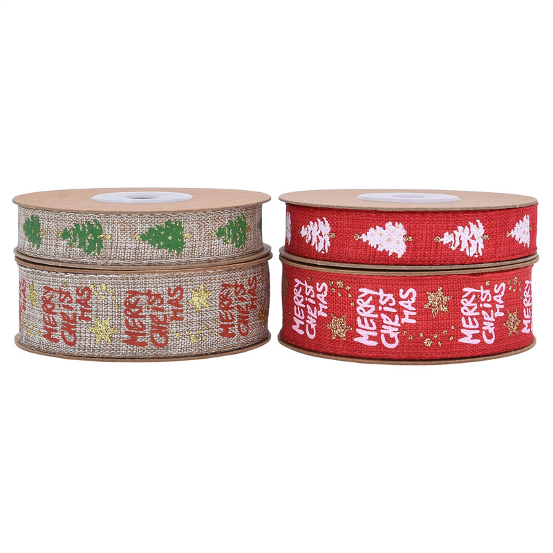 Comercio exterior Navidad imitación tela de lino polvo rociado oro fijación tela de lino rollo decoración de regalo de Navidad DIY mano impresión de cinta