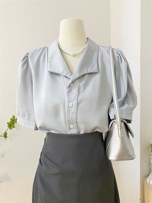 French Chic Lapel Puff Sleeve Satin Shirt for Women 2024 Summer Style Acetate Top Commuter Short-Sleeved Shirt