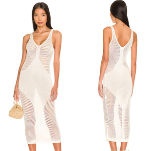 2022 new European and American knitted beach blouse sexy V-neck vest dress holiday dress bikini blouse