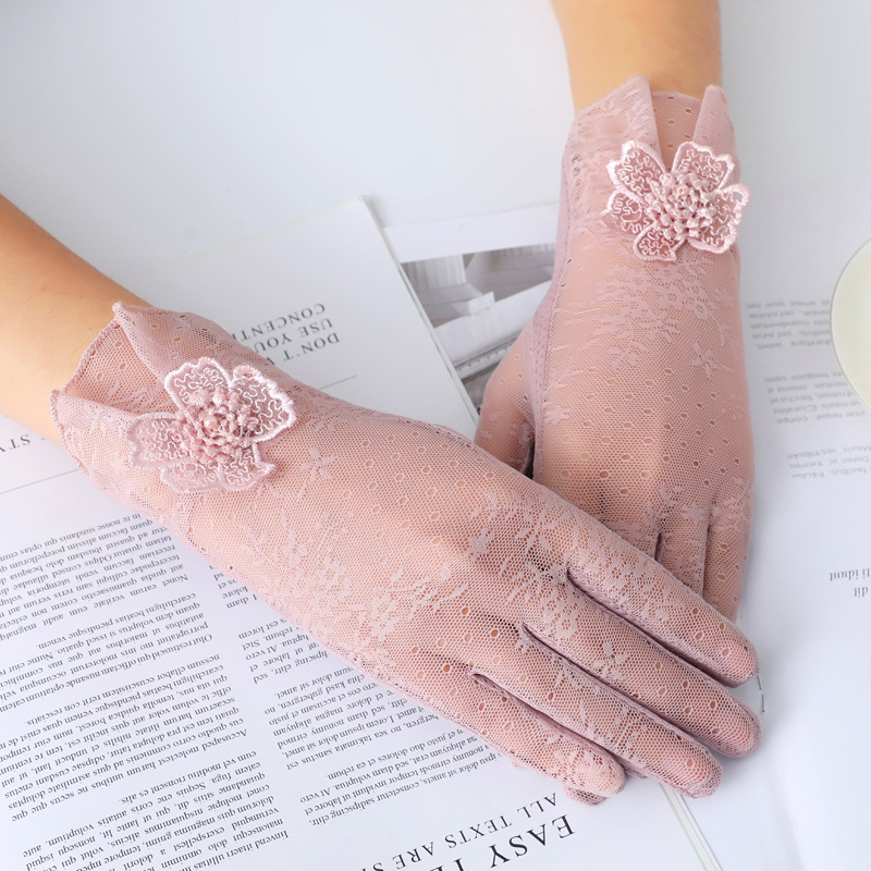 Summer thin ice silk gloves women's short thin outdoor cycling driving lace breathable touch screen sun protection gloves wholesale_voghion.com