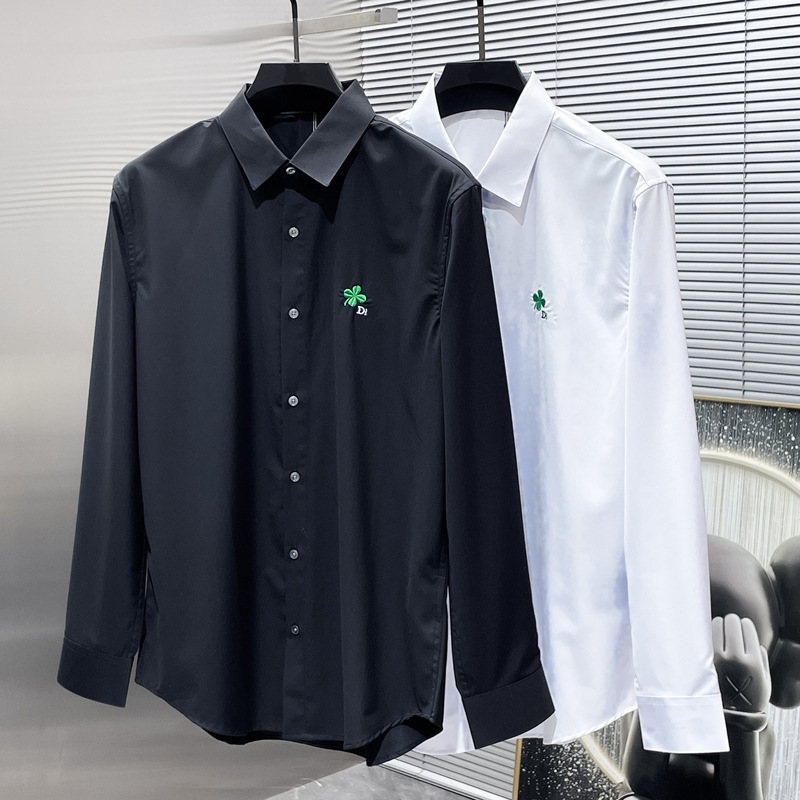 European Style Spring and Autumn Simple Casual Four-Leaf Clover Embroidered Men's Shirt with Turn-down Collar for Business Suit Layering European Style Spring and Autumn Simple Casual Four-Leaf Clover Embroidered Men's Shirt with Turn-down Collar for Business Suit Layering