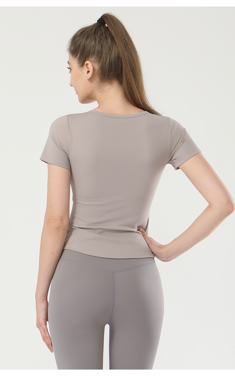 春季新款锦纶瑜伽T恤女带胸垫V领高弹短袖t恤时尚健身瑜伽上衣详情11