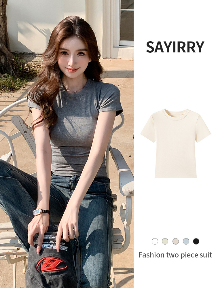 H5 86修身半袖tシャツ白夏ギャル上着丸襟正肩女性フランス弾力が痩せている