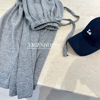 松弛感杂灰色糯米裤女秋冬松紧腰抽绳设计宽松慵懒直筒拖地阔腿裤