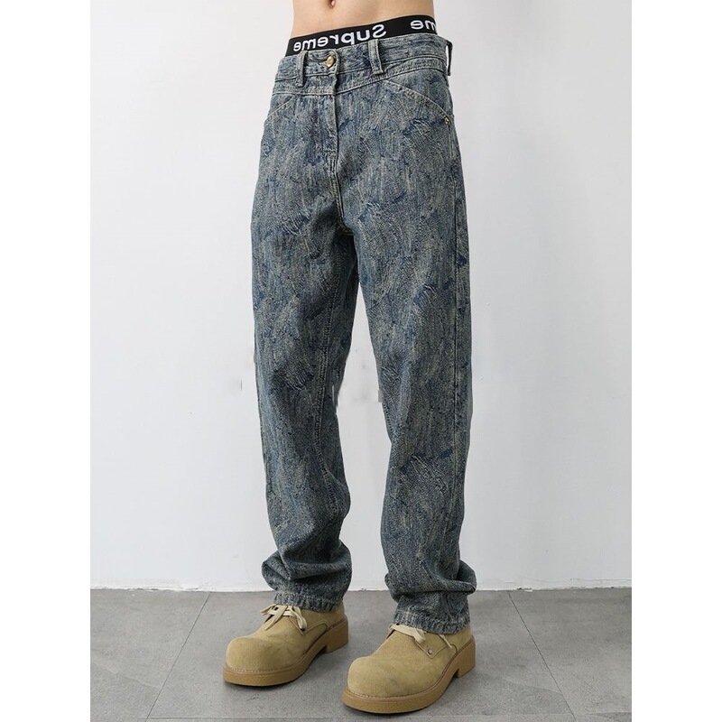 American-Style Jacquard High-Street Trendy Brand Jeans for Men, 2025 Summer Loose Straight Retro Casual Pants American-Style Jacquard High-Street Trendy Brand Jeans for Men, 2025 Summer Loose Straight Retro Casual Pants