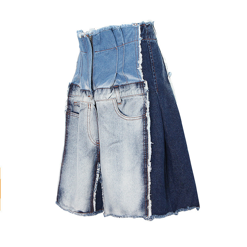 Women's High Waist Distressed Denim Shorts - Patchwork Design Casual Summer Bermuda Jeans (Blue, S-2XL)_mkmklike.com