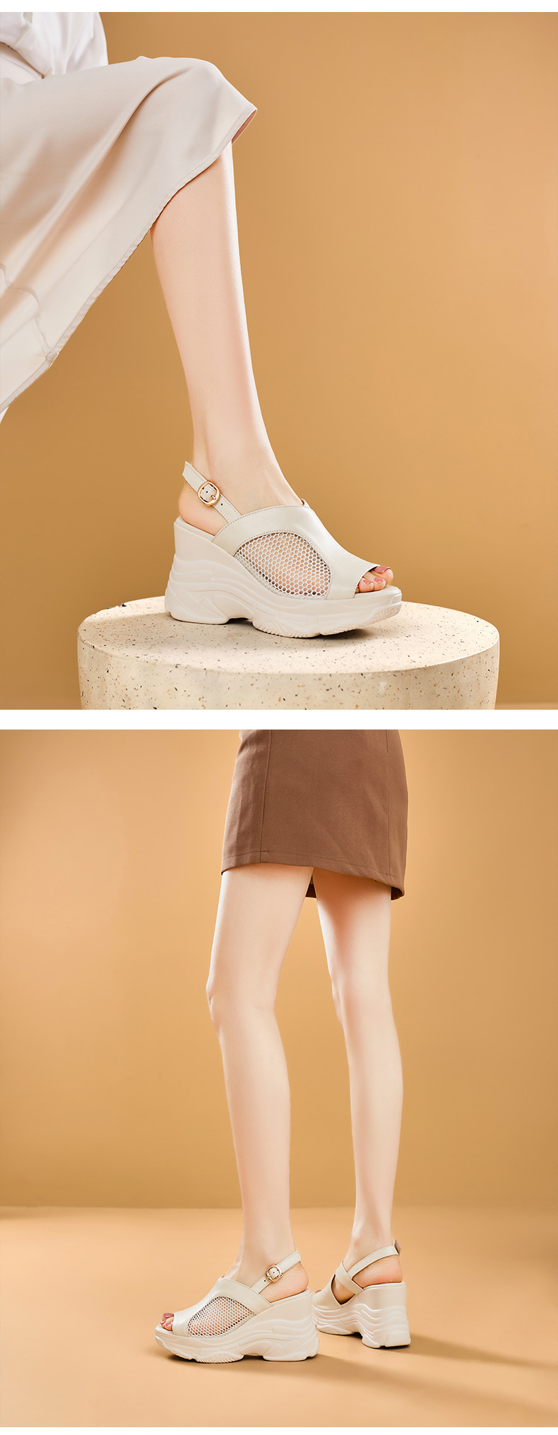 Sandal nữ hở mũi đế xuồng gót cao 9 cm, da bò lưới phối miệng cá — Màu trắng be chi tiết 6