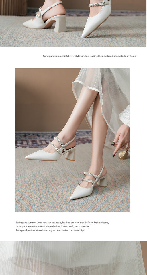 Giày sandal cao gót nữ mũi nhọn gót thô hở gót kiểu Mary Jane đính đá, gót 6–8 cm — Màu bạc, Màu trắng ngà chi tiết 8