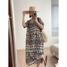 小众高级感裙子中式水墨印花亚麻天丝V领短袖连衣裙女夏2025新款