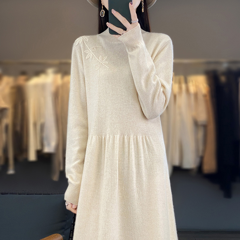 Autumn and Winter New Half-turtleneck Embroidered Wool Knitted dress Women's Loose Slimming Sweater Long Over-knee Base Skirt