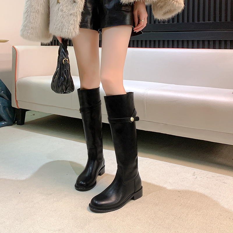 现货秒发苏茵茵韩剧女主韩国真皮小金扣中高筒靴长靴女骑士靴子|undefined