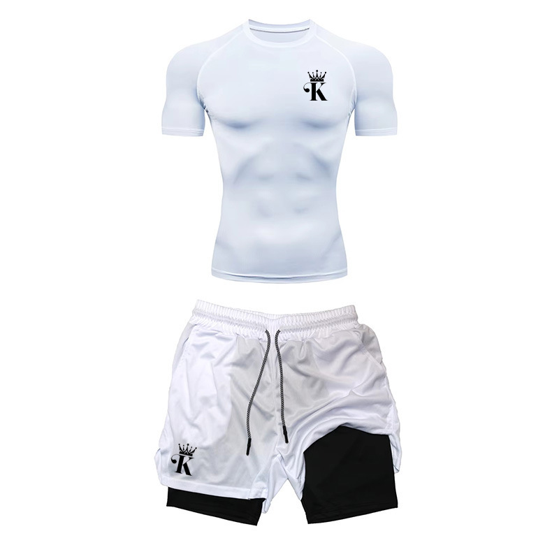 2 in 1 Shorts Compression T-Shirt Men's Sports Suit Quick Dry Running Suit Sportswear Gym Running