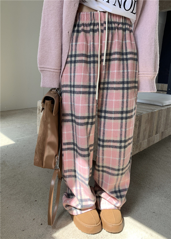 温柔气质甜酷风毛衣外套开衫+粉色格纹毛呢阔腿裤两件套女秋冬|undefined
