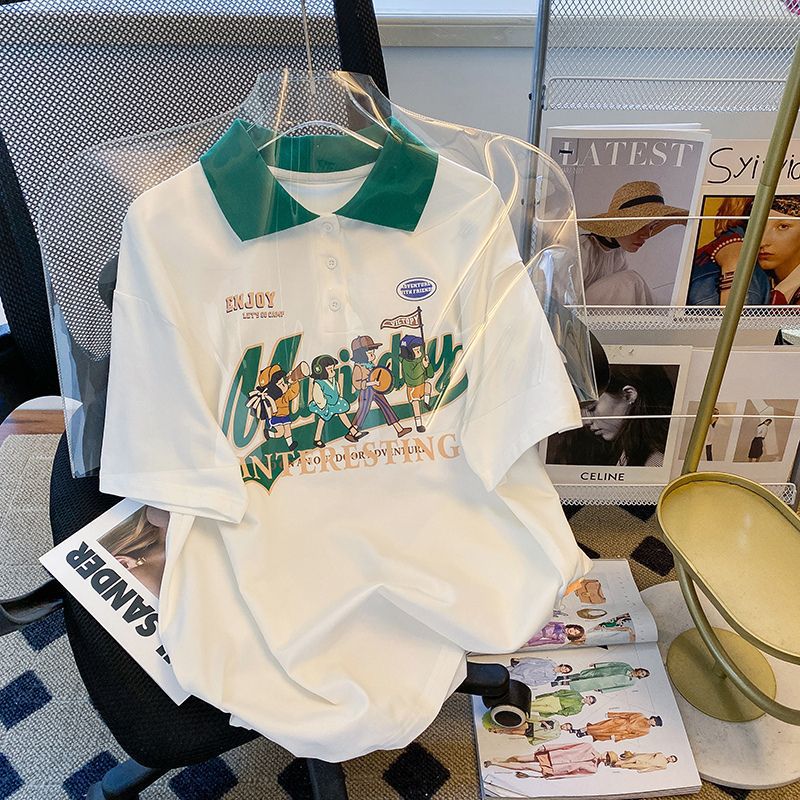 1,00 kg-150,00 kg tallas grandes chica gordita estilo occidental estilo perezoso Camiseta de manga corta Polo de las mujeres solapa Suelta todo partido casual Top moda image 7