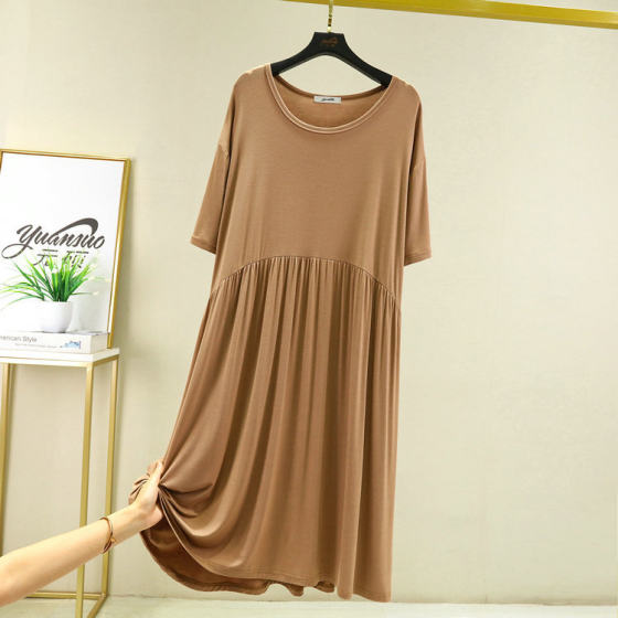 Modal Short-sleeved Pleated Dress Women's Summer Korean-style Loose Large Size Black Base Skirt Mid-length Large Swing Skirt
