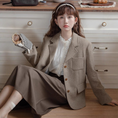 法式毛呢西装外套女2025秋冬款复古气质小个子宽松单排扣开衫上衣