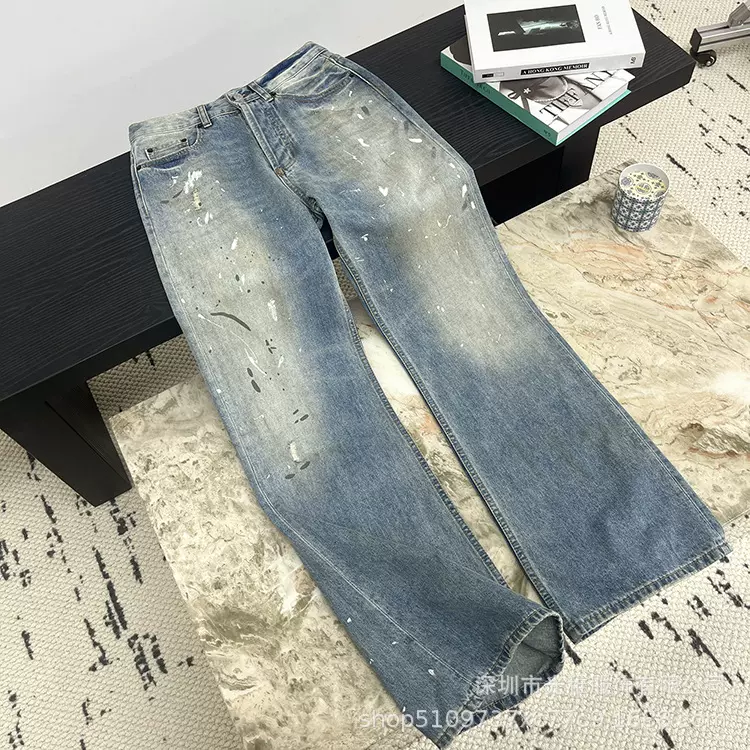 21裤型明星同款25早春新款脏染泼墨涂鸦做旧复古直筒阔腿牛仔裤