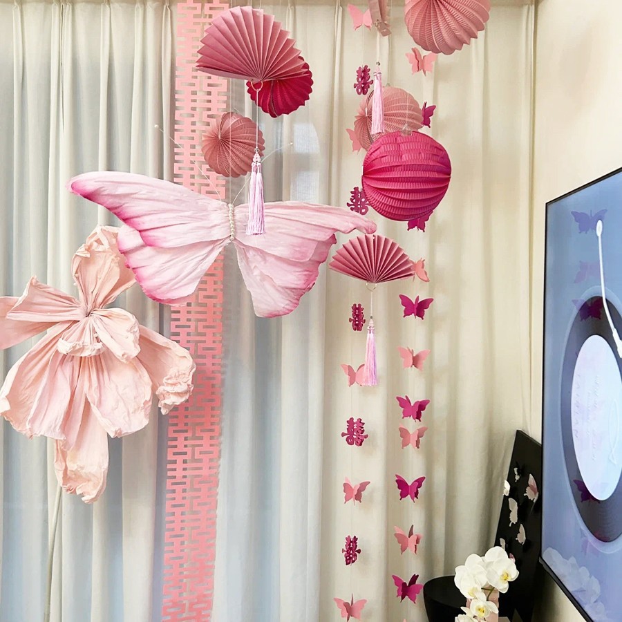 *나비 반부채 웨딩룸 - 핑크 컬러 9호 [특대형 종이 연꽃 포함]*