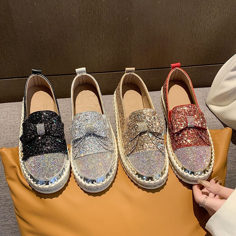 Damenschuhe Strass Plateau Loafer flache dicke Sohlen Freizeitschuhe für Damen Frühling und Herbst neue Bowknot Glitzer Pailletten Einzelschuhe_voghion.com