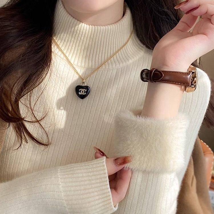 加绒毛衣女加厚秋冬内搭一体绒东北冬季半高领打底衫白色保暖上衣