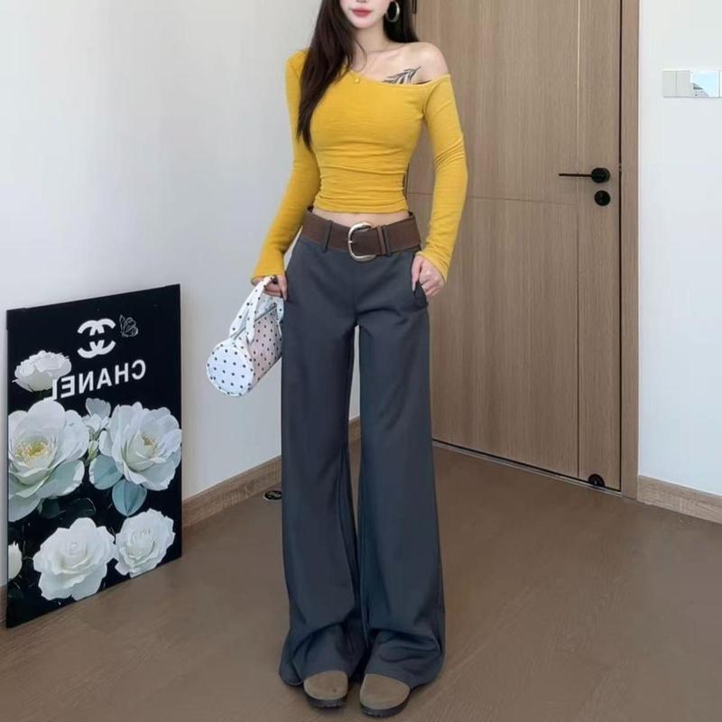 羊羊富贵黑色中腰2025休闲裤女春夏卡其长裤宽松阔腿裤拖地喇叭裤|undefined