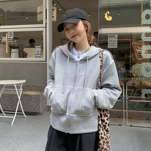 Women's gray hoodie outerwear, spring and autumn versatile, Korean chic, casual, small figure, Instagram trendy