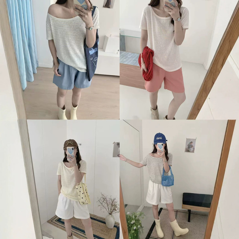 Hengbin Tai off-shoulder striped loose casual versatile slimming T-shirt with stylish shoulder design for women