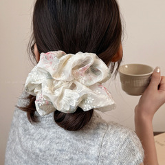 夏の超仙の甘い刺繍の網の糸の大腸のシュシュの大きいサイズの高級感の花のひもの少女の皮の筋の髪の縄の女性