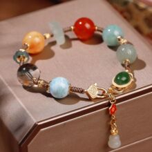 国风天然多宝水晶手链女海纹石蜜蜡红兔毛翡翠和田玉葫芦吊坠手串