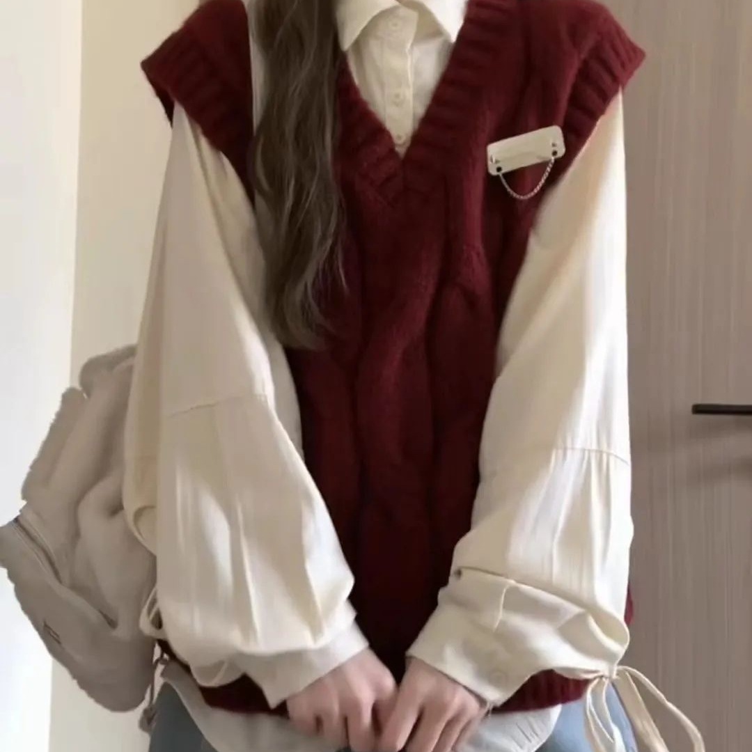 秋季新款学院风红色慵懒复古衬衫叠穿马甲两件套初秋v领宽松无袖