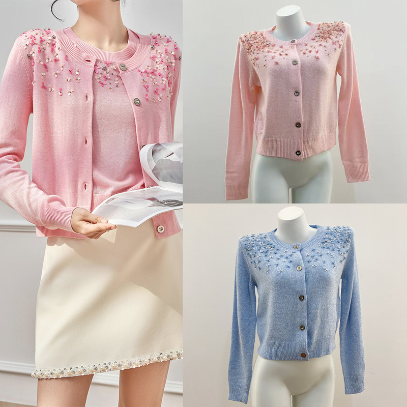 Zhuojia Jy Zhao Silu's Same Style 2025 Autum New Style Gentle Beauty Heavy Industry Sequin Starlight Super Age-Reducing Sweater