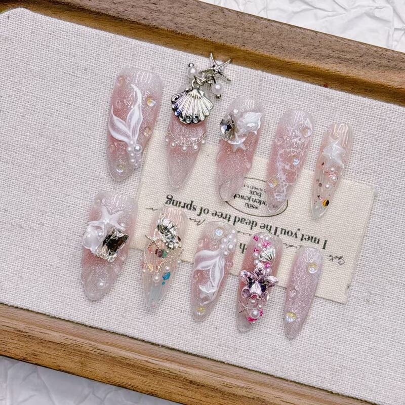 Pink Mermaid Tail Floating False Nails Long Style High-End Wholesale Pure Handmade Wearable Nails Manicure