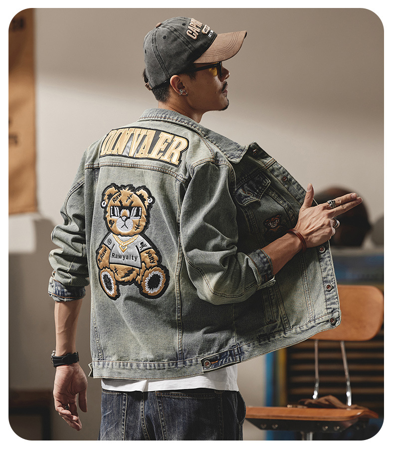 Giacca di jeans da uomo stile biker con ricami di lusso_voghion.com