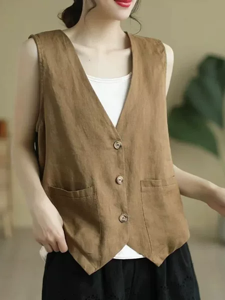 Trendy New Summer Casual Thin Loose Sleeveless Vest Outerwear Cotton Linen Jacket Vest Top