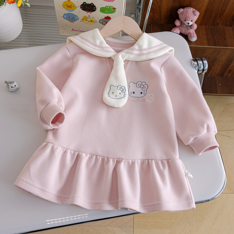 Girls' Cute Dress 26 Spring New Style Cartoon Embroidered Princess Dress Baby Girl Preppy Style Doll Collar Dress