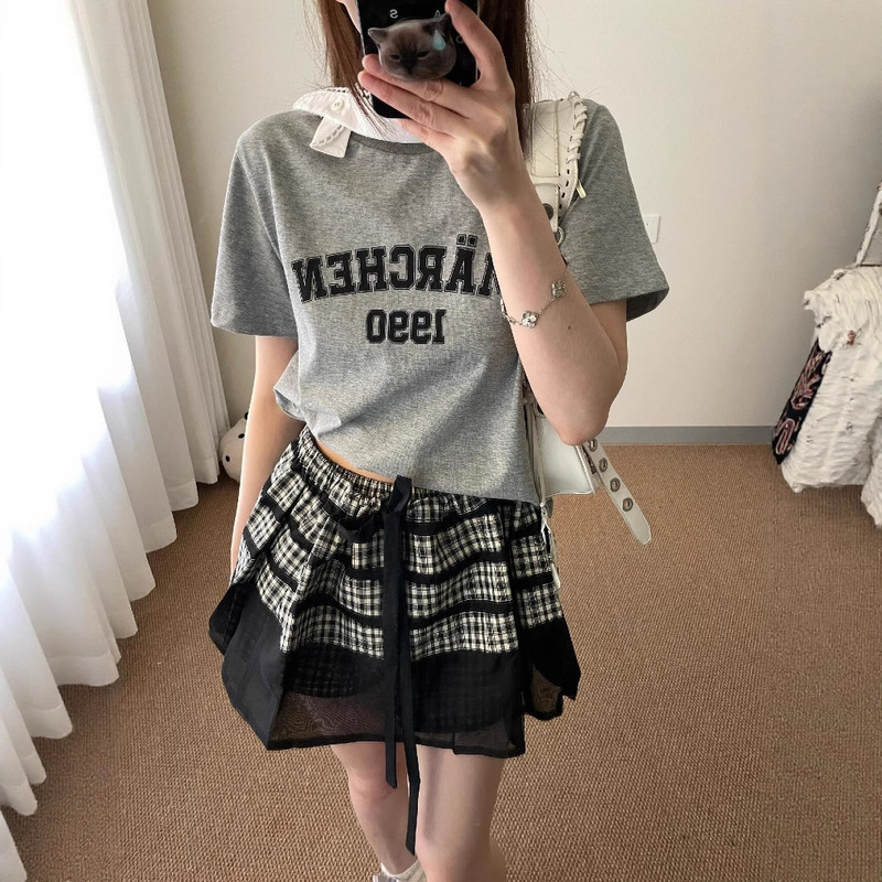 【Limited Time Special Offer】Marchen Letter Print T-Shirt Shenzhen Nanyou High-End Version 25 New Lace Embroidery Short Style