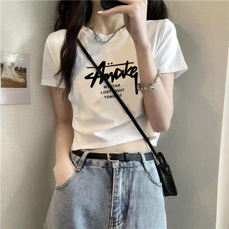 Cotton Short-sleeved T-shirt Women's White Shoulder Summer New Design Sense Slim-fit High Waist Short Cropped Cotton Top