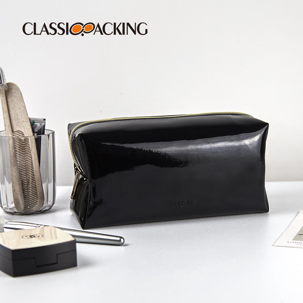 Square Black Organizer Bag Wash Zipper Glossy Patent Leather Storage Bag Mirror PVCLeather Waterproof Cosmetic Bag