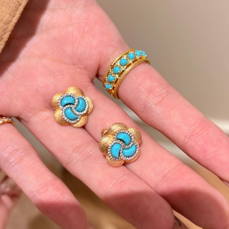 Light Luxury French Retro High-End Turquoise Bead Row Diamond Open Ring Earrings Exquisite Design Elegant Set