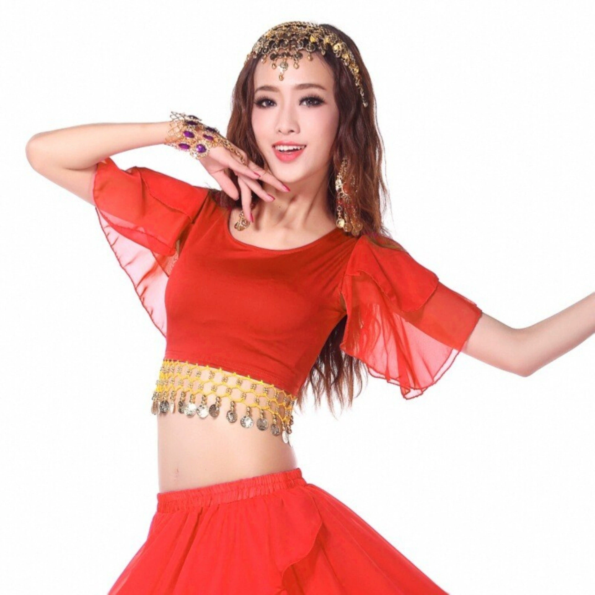 Новые костюмы для танца живота, индийский этнический стиль flying sleeve cake tops, подвесной кистевой сценический костюм