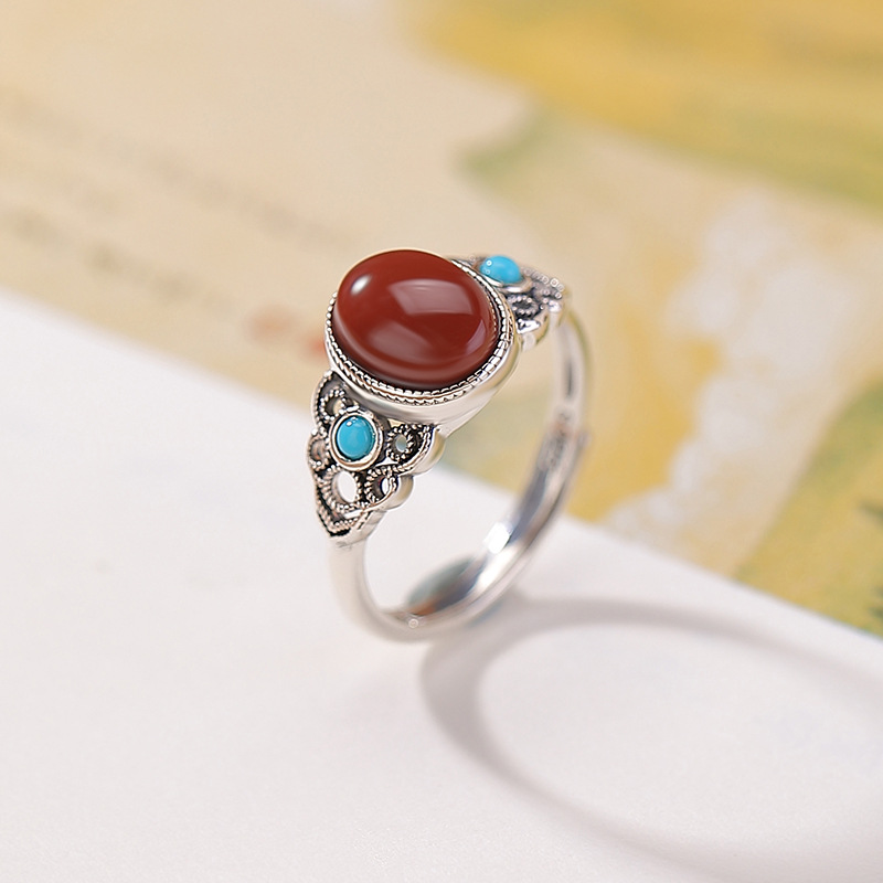 Nhẫn bạc S925 đính đá cabochon hình học phong cách vintage retro — một mảnh