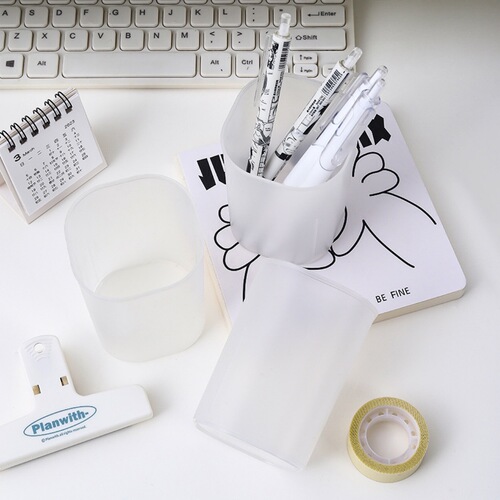 Pen holder transparent frosted round stationery box desktop storage student creative wholesale plastic simple pen holder