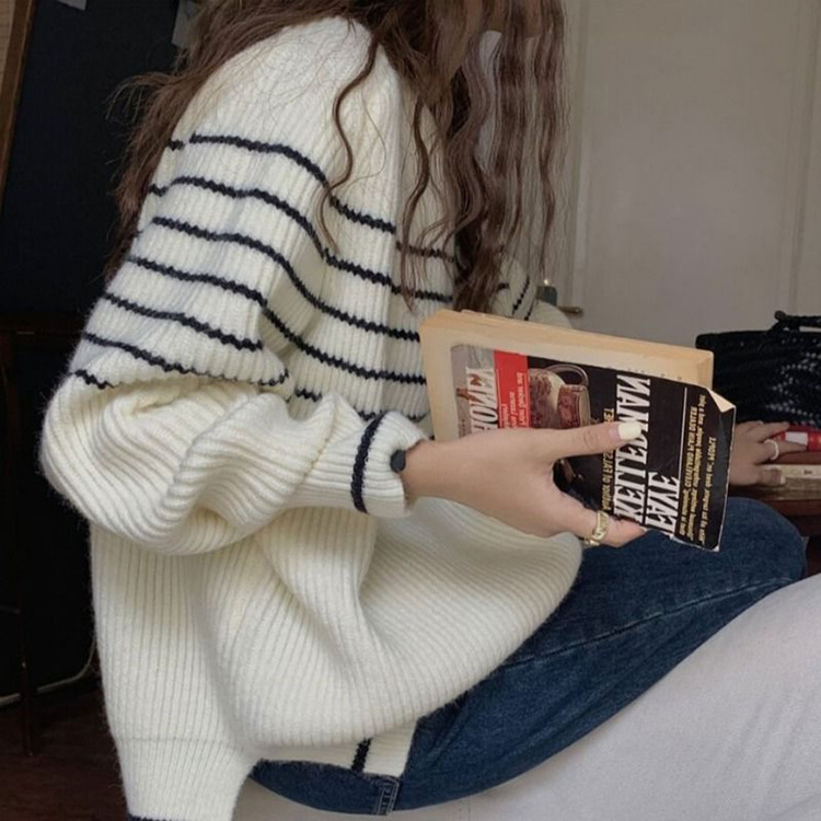 韓国スタイルのレイジーな黒と白のストライプの女性用プルオーバーセーター、秋冬の新しいゆったりとした柔らかいラウンドネックニットセーター、女性用ジャケット|undefined