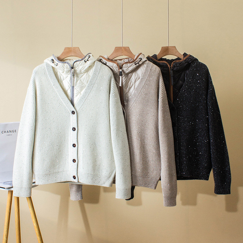 Winter New Italian BC Heavy Craft Loose Hooded Detachable Cashmere Sweater with Goose Down Jacket Thick