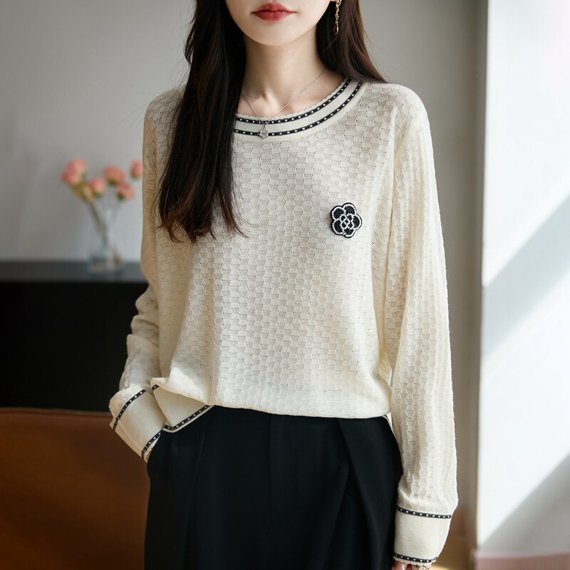 Camellia Waffle Top Women's Autumn and Winter New Style Versatile Embroidered Long-Sleeved Knitted Contrasting Bottoming Shirt Women's Clothing Camellia Waffle Top Women's Autumn and Winter New Style Versatile Embroidered Long-Sleeved Knitted Contrasting Bottoming Shirt Women's Clothing
