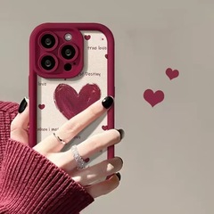 ワインレッドのハート柄、Apple 17 Pro Max用スマホケース、天眼ステップケース、iPhone 16/15/14/13対応、欧米風