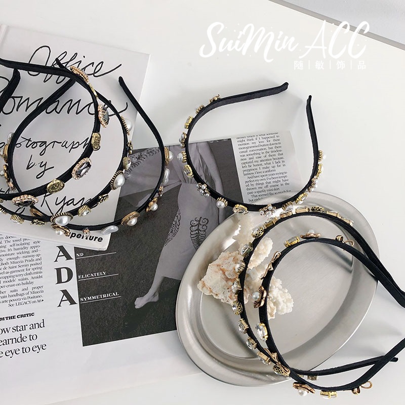Estilo coreano Internet celebridad aleación rhinestone industria pesada diadema completo diamante barroco borde fino diadema flor arco pelo paquete grutas de pelo