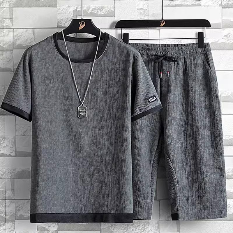 Summer casual sports suit men's ice silk short-sleeved T-shirt shorts a set of boys matching fashion two-piece suit