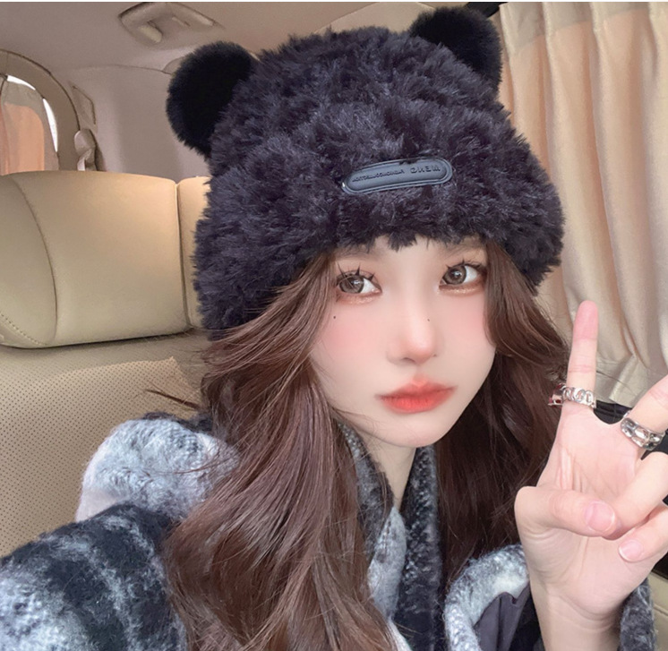 Winter cute bear plush hat fisherman female Net red same style wholesale winter warm earmuffs all-match knitted